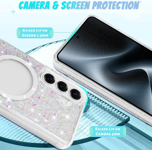 Vista 486 de Bonoma - Funda compatible con Samsung Galaxy S21 Plus, diseño de corazón con purpurina, color rosa Support for MagSafe, Plating Magnetic Case TPU