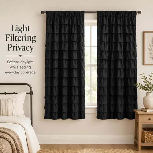 Vista 7 de Cortinas negras con volantes, 2 paneles, paneles de ventana con volantes de 12 capas, cortinas de estilo rústico para dormitorio, baño, bolsillo