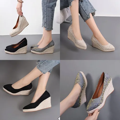 Vista 7 de Lymphvity Alpargatas de lona con textura de lazo para mujer, sandalias de cuña de moda, sin espalda, sin espalda, boca cerrada, punta puntiaguda