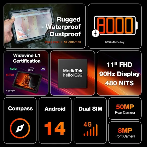 Vista 4 de AGM Tablet P2 Active Ultra Rugged para todos, tableta Android de 11 pulgadas, 16 GB de RAM 256 GB ROM 2 TB TF, pantalla IPS FHD de 90 Hz/Widevine