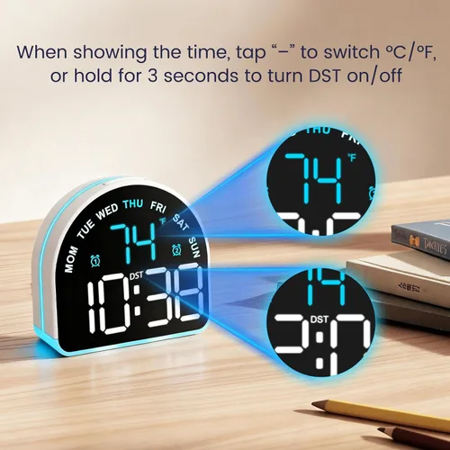 Vista 6 de Reloj despertador para dormir pesado: alarma súper fuerte y luz de despertador suave para adultos, niños, adolescentes Pantalla digital con tiempo