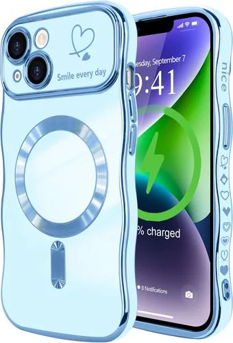 Vista 55 de LCHULLE - Funda magnética para iPhone 13 para mujeres y niñas, con forma ondulada, color azul bebé [Compatible with MagSafe] Cute Curly Wave, Love