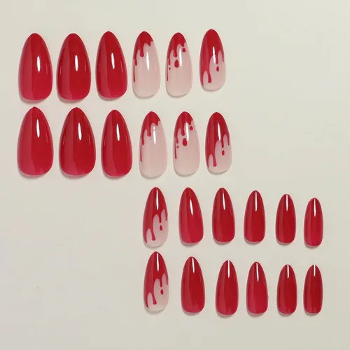 Vista 3 de Uñas postizas a presión de Halloween, uñas postizas de almendra, cobertura completa, uñas postizas rojas con diseños de gotas de sangre, punta 14