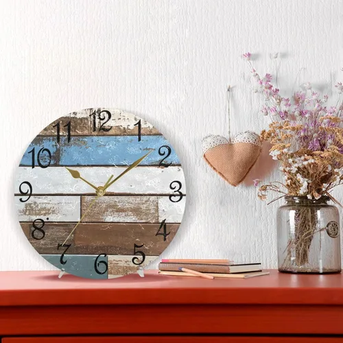 Vista 6 de Reloj de pared rústico retro con puerta de granero de madera, marrón, azul, funciona con pilas, silencioso, sin tictac, 10 pulgadas, reloj de mesa