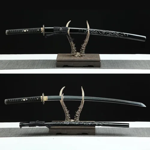 Vista 7 de Espada Katana negra de 41 pulgadas, acero de alto carbono, parte superior afilada, hecha a mano, espada samurái japonesa espiga completa