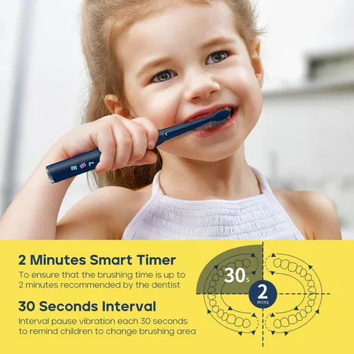 Vista 6 de SEAGO Cepillo de dientes eléctrico para niños, cepillos de dientes recargables de cerdas suaves sónicos con calcomanías de bricolaje, 5 modos, marino