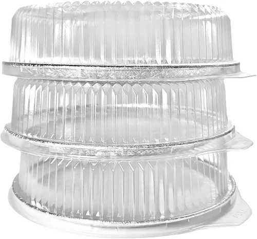 Vista 5 de PACTOGO Bandejas redondas de papel de aluminio planas de 12 pulgadas con tapas de cúpula transparentes, platos desechables apilables para fiestas