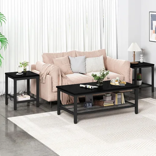 Vista 2 de Conjunto de 3 mesas de café AWQM, mesa de café industrial con 2 mesas auxiliares cuadradas, conjunto de mesas modernas para sala de estar