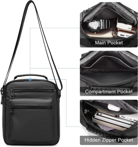 Vista 8 de Bolso cruzado para hombre bolso de hombro para teléfono para pasaporte pequeño bolso lateral para hombre negro