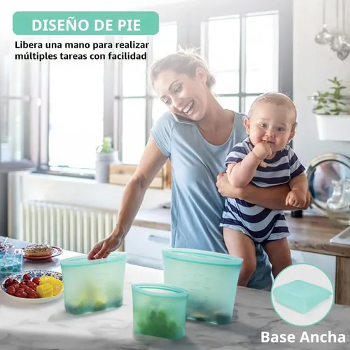 Vista 4 de Bolsas de Alimentos Reutilizables, Paquete de 12 Bolsas de Almacenamiento de Alimentos 100% Silicona que se Mantienen de Pie con Cierre Hermético