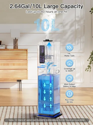 Vista 2 de Humidificador de 10L/2.64Gal, Humidificador Ultrasónico de Niebla Fría y Silencioso de Llenado Superior para Dormitorio, Cubre 550 pies², Tiempo