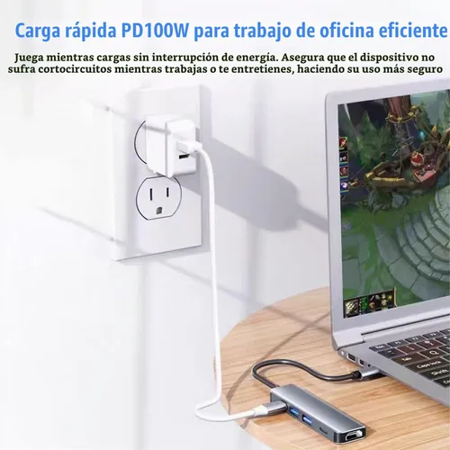 Vista 7 de Adaptador HDMI USB C, estación de acoplamiento 5 en 1 con HDMI 4K, puerto de datos USB C, PD de 100 W y USB 3.0 y 2.0 compatible con MacBook