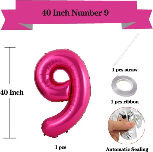 Vista 4 de Globos grandes de 40 pulgadas de color rosa intenso con el número 9, globos gigantes de Mylar para cumpleaños, aniversario, fiesta, graduación