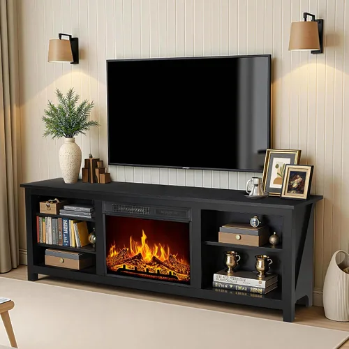 Vista 9 de AMERLIFE Soporte de TV con chimenea, centro de entretenimiento con textura de madera con chimenea eléctrica de 23 pulgadas, soporte
