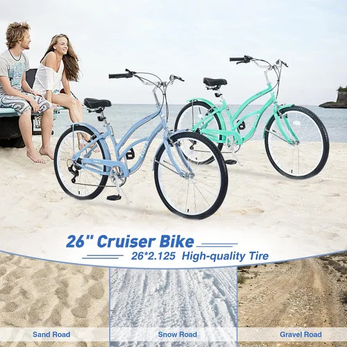 Vista 2 de MEGHNA Bicicleta de crucero de playa de 26 pulgadas, ruedas de 7 velocidades, freno en V, cómodo sillín clásico, retro, bicicleta de crucero