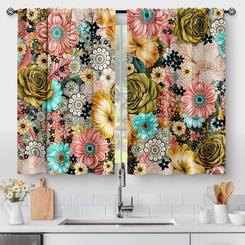 Vista 13 de Aimego Cortinas de Cocina de Eucalipto Primaveral - Hojas de Plantas de Acuarela Floral Azul con Cortinas de Nivel Botánico Floral para Cafetería