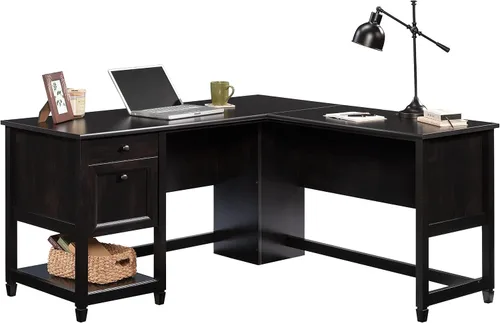 Vista 14 de Sauder Edge Water - Escritorio esquinero en forma de L con cajones de almacenamiento y estante abierto, en color negro