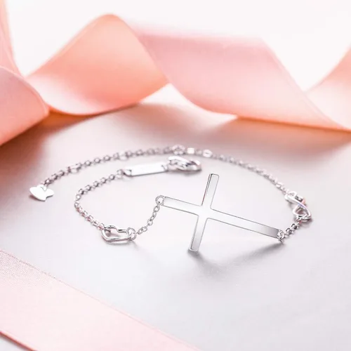 Vista 4 de EVER FAITH Pulsera de cruz de plata de ley 925 religiosa clásica con dije de infinito con dije de cruz, cadena ajustable, cumpleaños, día
