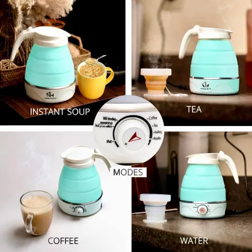 Vista 2 de Nikao Home - Hervidor eléctrico plegable con espumador de leche y taza plegable, hervidor de viaje, hervidor de té portátil para viajes, mini Azul