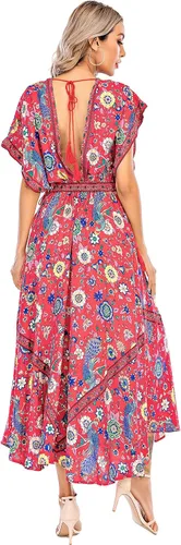 Vista 2 de R.Vivimos Vestidos largos de playa de algodón con cuello en V profundo y estampado de verano para mujer