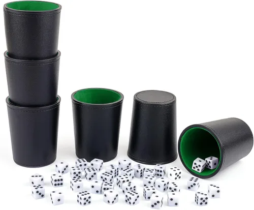 Vista 12 de Juego de tazas de dados con forro de fieltro de cuero PU de Reriver, 6 tazas silenciosas mezcladoras de dados con 36 dados para juegos de Bar Party