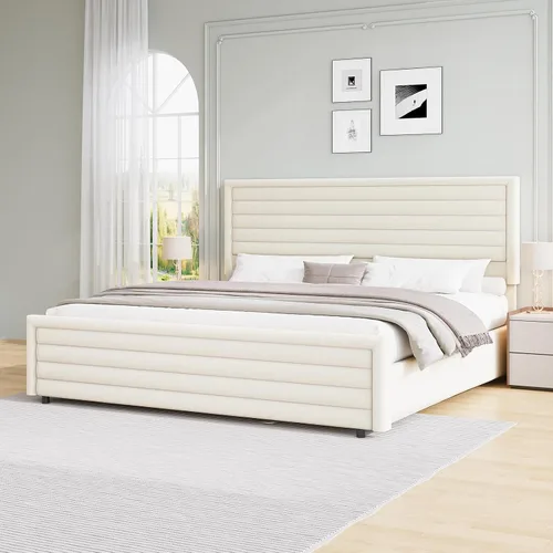 Vista 14 de REVOMINCA Armazón de cama tamaño completo (Full Size), plataforma tapizada con cabecera y pie de cama de terciopelo, base de colchón con listones