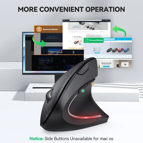 Vista 5 de TECKNET Jiggler Ratón ergonómico, mouse vertical inalámbrico Bluetooth de 4800 DPI con 6 niveles de DPI ajustables, 2.4 GHz (USB A y C), mouse