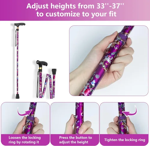 Vista 4 de Cane for Women with LED Light, Folding Walking Cane for Men and Seniors, Lightweight Collapsible Aluminium Cane, 5-Level Height Adjustable Walking