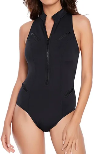 Vista 2 de MagicSuit Traje de baño de una pieza para mujer, con cuello alto, espalda cruzada, con aros y cremallera