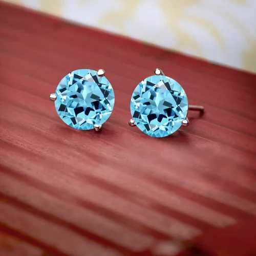 Vista 5 de Gem Stone King Aretes de tuerca de Martini de 3 puntas de oro blanco de 18 quilates con topacio azul suizo para mujer