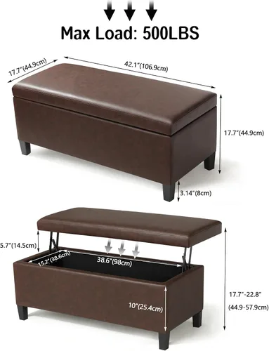 Vista 3 de Homebeez Banco otomano de almacenamiento de piel sintética de 42 pulgadas con parte superior elevadora, moderno reposapiés rectangular para sala