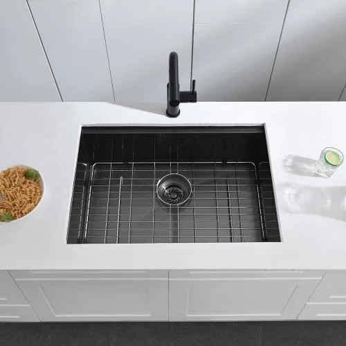 Vista 7 de Fregadero de cocina de montaje inferior negro 27 x 19 x 10 pulgadas, fregadero de acero inoxidable negro calibre 16, estación de trabajo debajo
