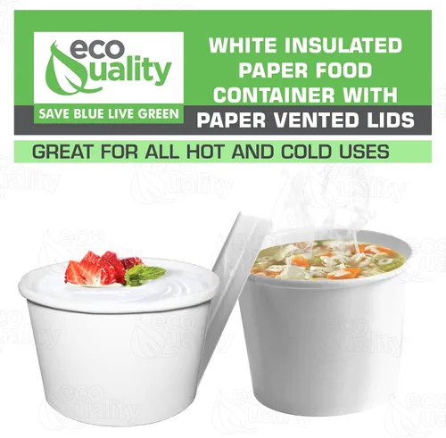 Vista 4 de EcoQuality Recipientes desechables de papel blanco para sopa con tapas, tazas de papel para helado, cuencos desechables para postres fríos, tazas