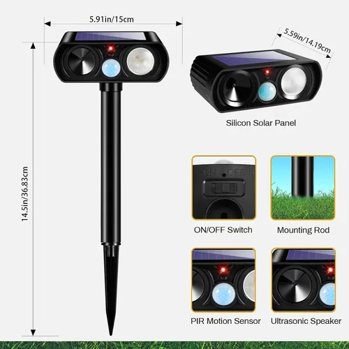 Vista 6 de Repelente solar ultrasónico de animales al aire libre, disuasorio de animales, repelente de gatos al aire libre con luz LED, dispositivo eficaz