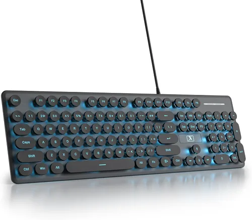Vista 9 de Teclado de máquina de escribir retro con cable, teclado silencioso de computadora iluminado con 104 teclas redondas de tamaño completo, Azul