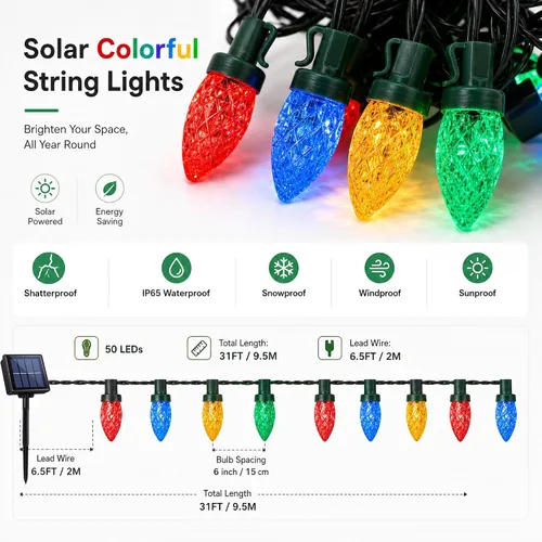 Vista 6 de ITICdecor C7 - Guirnalda de luces solares de fresa, 31 pies, 50 luces LED coloridas IP65, impermeable, encendido/apagado automático, cable verde