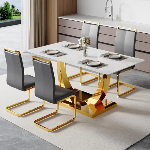 Vista 28 de Juego de mesa de comedor de 63 pulgadas para 4, juego de mesa de comedor dorado moderno para 4, juego de mesa de cocina de mármol sintético