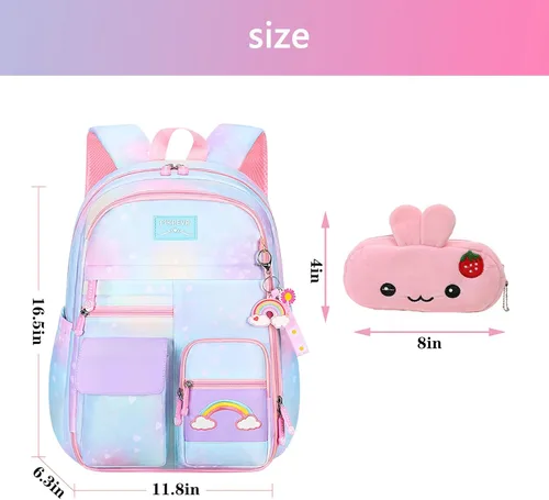 Vista 2 de Mochila para niñas con diseño de arco iris estrellado, mochila de gran capacidad, multifunción, a la moda, casual, bolsa de viaje para computadora