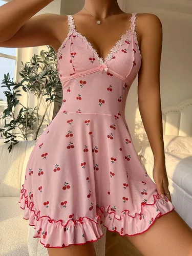 Vista 3 de SHENHE Camisón sin mangas con estampado de cereza para mujer, con ribete de encaje, dobladillo con volantes