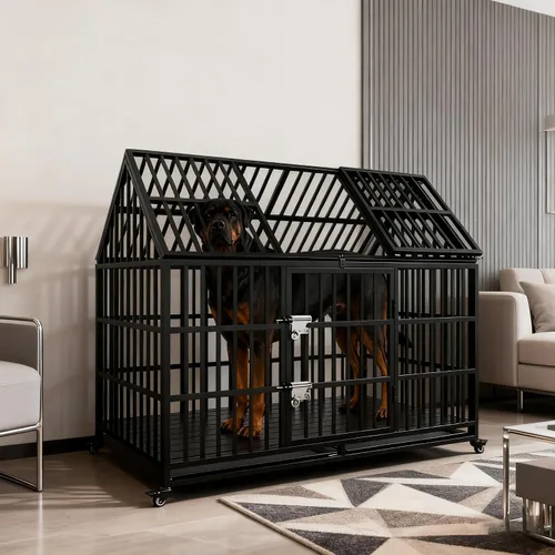 Vista 6 de Jaula de alta resistencia para perros grandes, 58 pulgadas extra grande para interiores, jaula de techo para perros con alta ansiedad