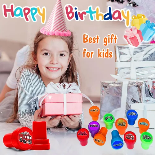 Vista 6 de Sellos de auto y camión para niños, regalos temáticos de fiesta de cumpleaños de automóviles y camiones, suministros de decoración de automóviles
