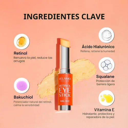 Vista 3 de VELAMO ADVANCED Retinol Eye Stick: bálsamo renovador y reafirmante debajo de los ojos para ojeras, hinchazón, líneas finas y arrugas, esenciales