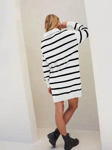 Vista 5 de MEROKEETY Vestido tipo suéter a rayas con media cremallera para mujer, manga larga, para otoño e invierno