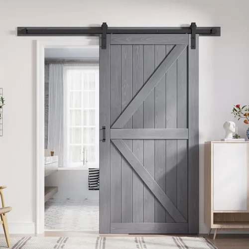 Vista 22 de FREDBECK Puertas dobles grises de 24 x 84 pulgadas, puerta de granero de 48 pulgadas con kit de herrajes para puerta de granero de 8 pies incluido