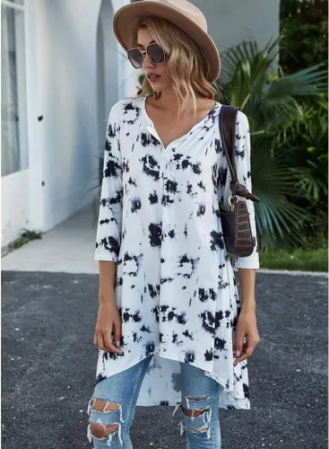 Vista 4 de Naggoo - Camiseta de manga 34 para mujer, diseño holgado y largo tipo túnica con cuello en V, botones, dobladillo asimétrico, casual, tallas S a 3XL
