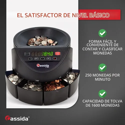 Vista 2 de Cassida Clasificador/contador electrónico de monedas C100, monedas contables 1¢, 5¢, 10¢, 25¢, 250 monedas/min, 110 VAC