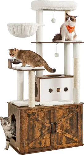 Vista 7 de Feandrea Árbol para gatos, torre para gatos de 66.9 pulgadas con caja de arena, condominio grande con estación de alimentos, almacenamiento, postes