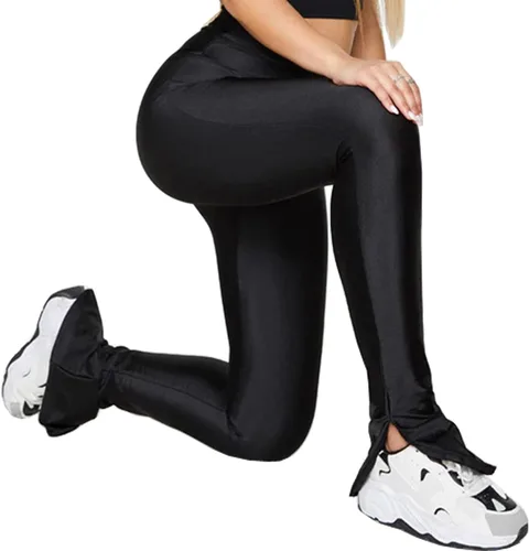 Vista 5 de Pantalones elásticos con dobladillo dividido lateral para mujer, ajustados, brillantes, de cintura media, para club, fiesta, uso diario, leggings