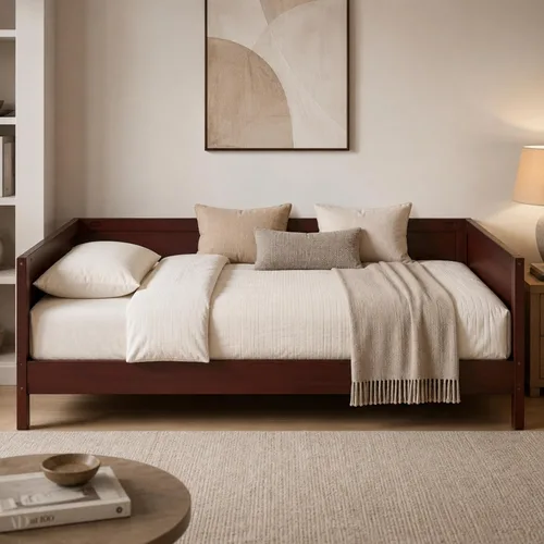 Vista 3 de Marco de sofá cama de madera de tamaño individual con rieles de 3 lados y Walnu Oscuro