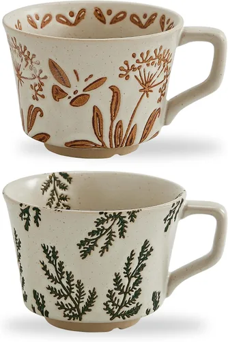 Vista 10 de Juego de 4 tazas de café de cerámica vintage de 12 onzas - Hechas a mano de gres cerámico de campo, estilo granja, para té de otoño con gran asa